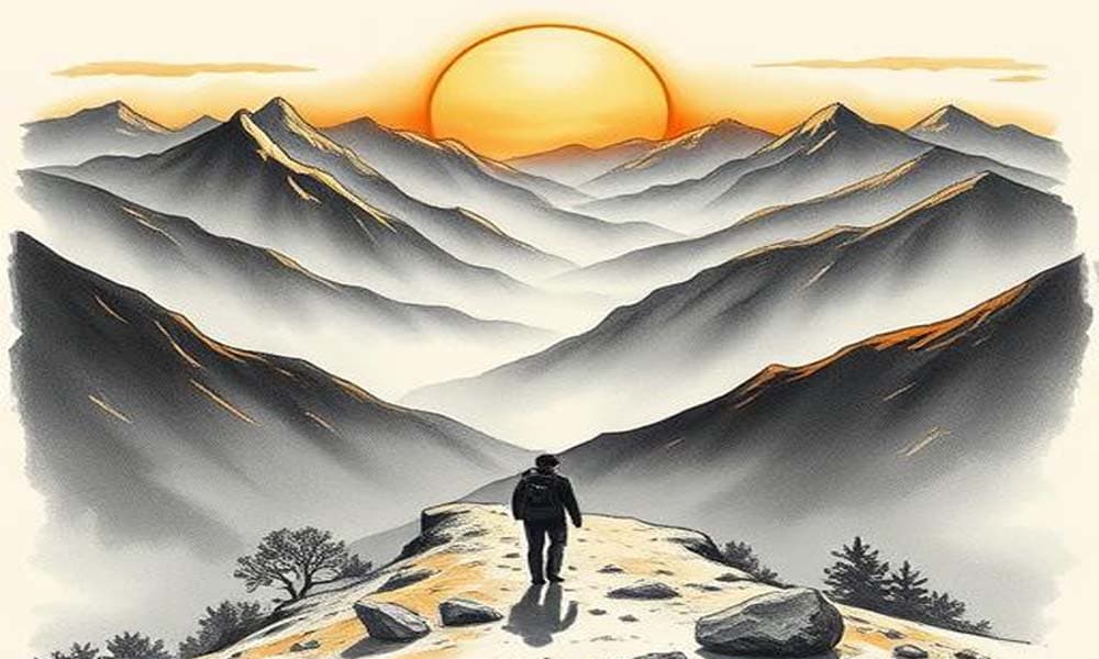 A person meditating at sunrise with mountains in the background, symbolizing clarity and inner strength.