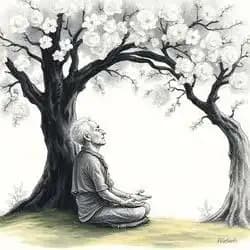 Woman meditating under a tree with light flowing through her.