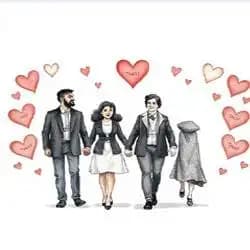 Two people walking together and supporting each other, peaceful background.