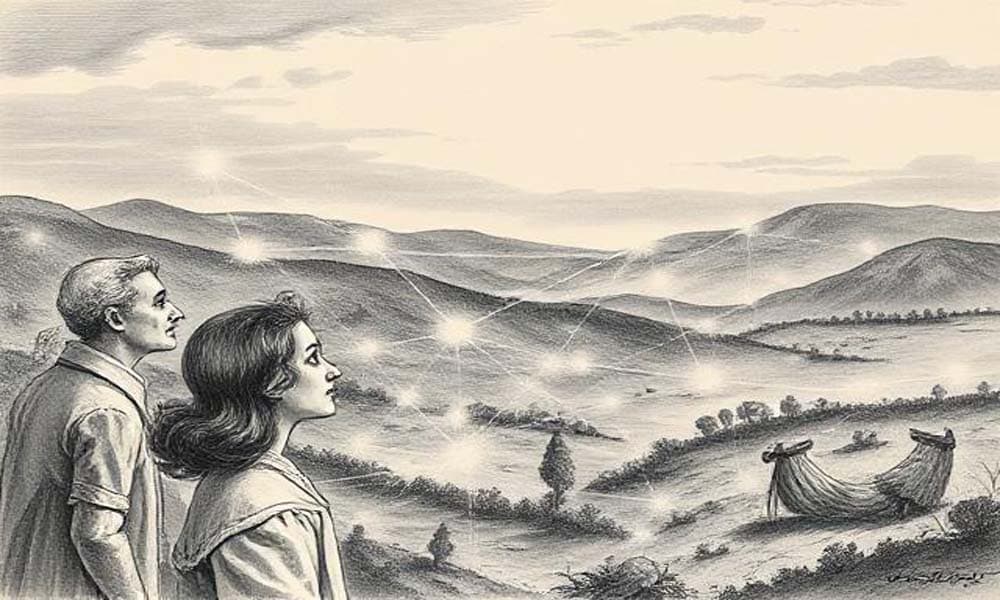 Two people walking together and supporting each other, peaceful background.