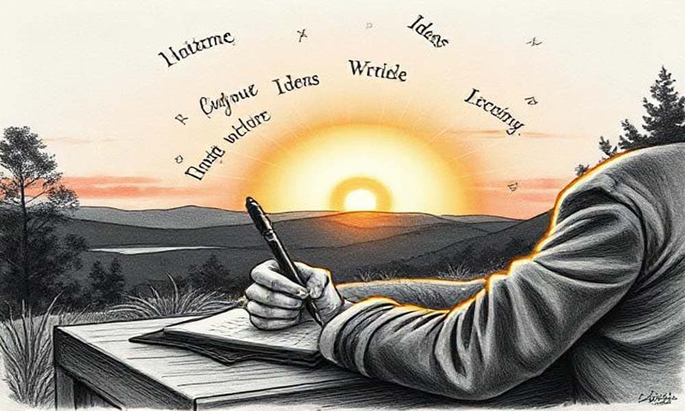 Open notebook with a pen, warm sunlight falling across handwritten pages.