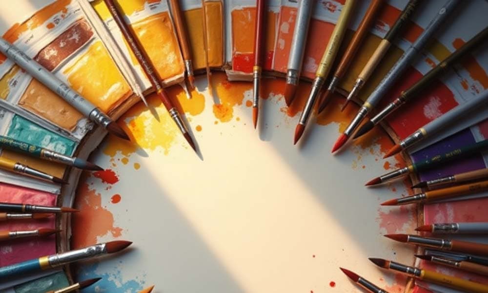 Vibrant palette with brushes and an unfinished canvas on an easel.