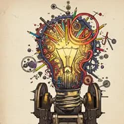 Abstract light bulb made of puzzle pieces and artistic doodles.
