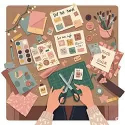 Hands building something out of craft materials, surrounded by colorful inspiration notes.
