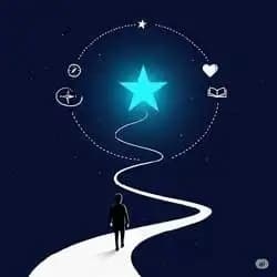 Person walking on a winding path that leads toward a glowing star in the distance.