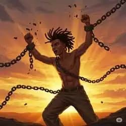 A person breaking free from chains, standing under the open sky with hope.