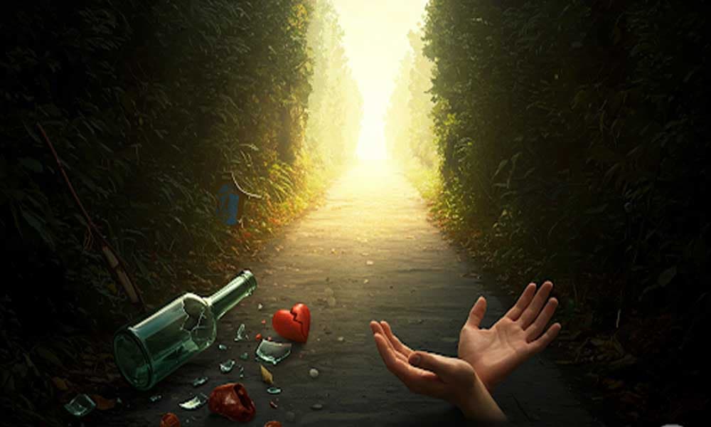 A person breaking free from chains, standing under the open sky with hope.