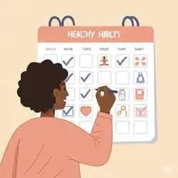 A calendar with wellness icons and a person checking off healthy habits.