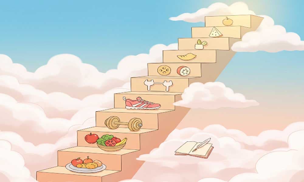 A calendar with wellness icons and a person checking off healthy habits.