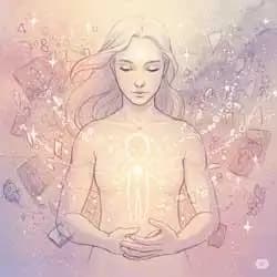 A small glowing child figure inside a larger adult figure’s heart, symbolizing inner healing.