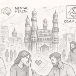 Sketch of city buildings, people interacting, and systems connected with lines