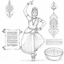 Sketch of cultural symbols: dance, script, food, and traditional art