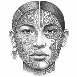 Sketch of a human face half mask, half mirror, surrounded by symbols of race, gender, and emotion