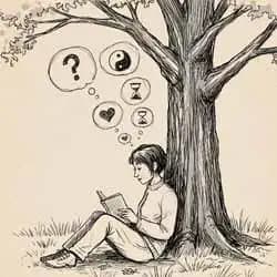 Sketch of a person sitting under a tree reading, thought bubbles showing questions and symbols like yin-yang, heart, hourglass
