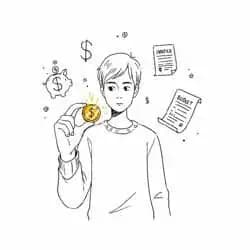 A person holding a coin, surrounded by icons of savings, income, and a calendar sketch style.