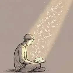 A sketch of a person writing in a journal with scattered thoughts turning into light above their head.