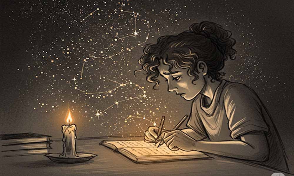 A sketch of a person writing in a journal with scattered thoughts turning into light above their head.