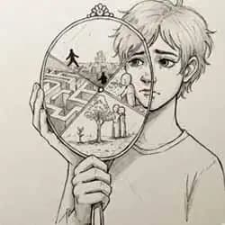 A person gazing into a mirror with past experiences reflected as moments of light.