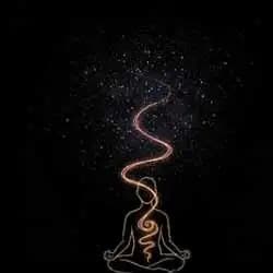 A figure sitting under a starry sky, arms open, with light flowing through them spiritual connection.