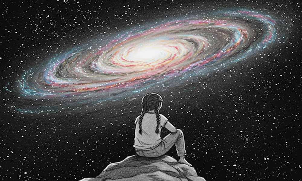 A figure sitting under a starry sky, arms open, with light flowing through them spiritual connection.