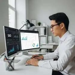 Digital marketer analyzing SEO dashboard and online traffic