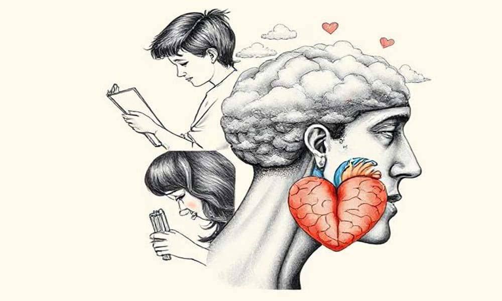 एक व्यक्ति झील के किनारे शांत बैठा है, जो आंतरिक भावनाओं और आत्म-चिंतन का प्रतीक है।