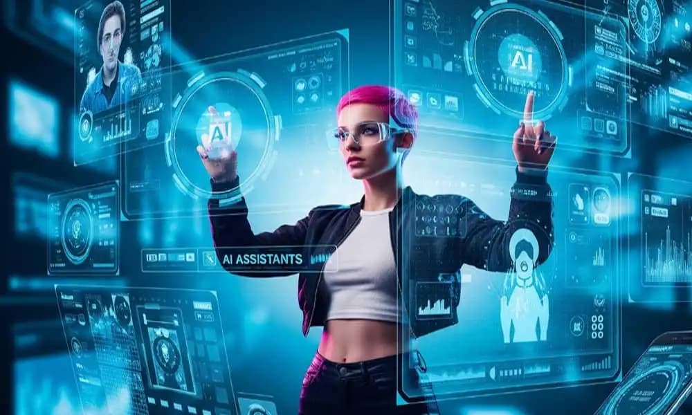 A person surrounded by futuristic tech interfaces and digital devices