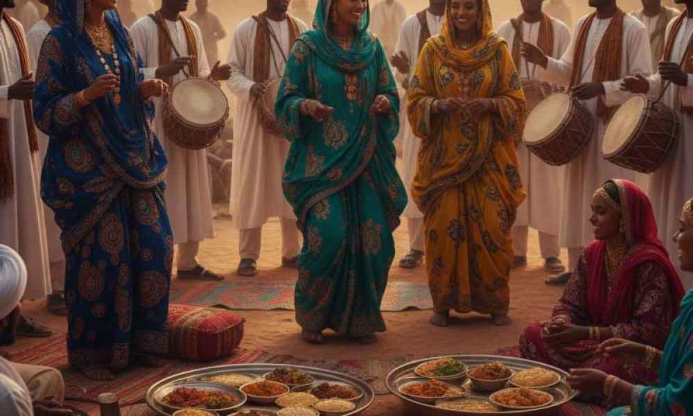 Sudanese people celebrating traditional culture and food