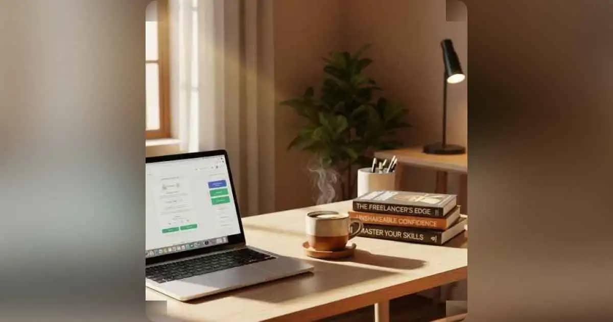 लैपटॉप और कॉफी के साथ फ्रीलांसर के लिए प्रेरक किताबों का ढेर