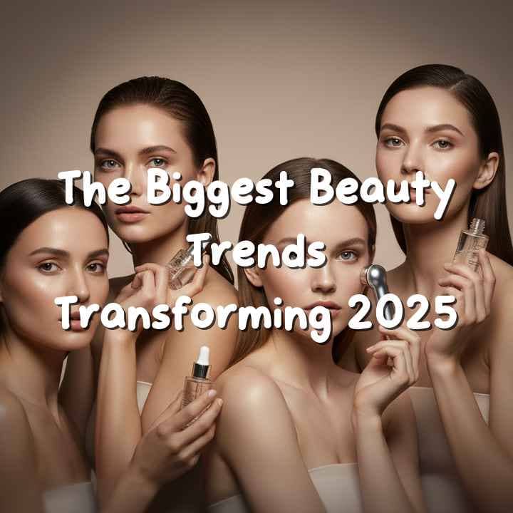 Modern 2025 beauty trends featuring skincare, minimal makeup, and wellness aesthetics