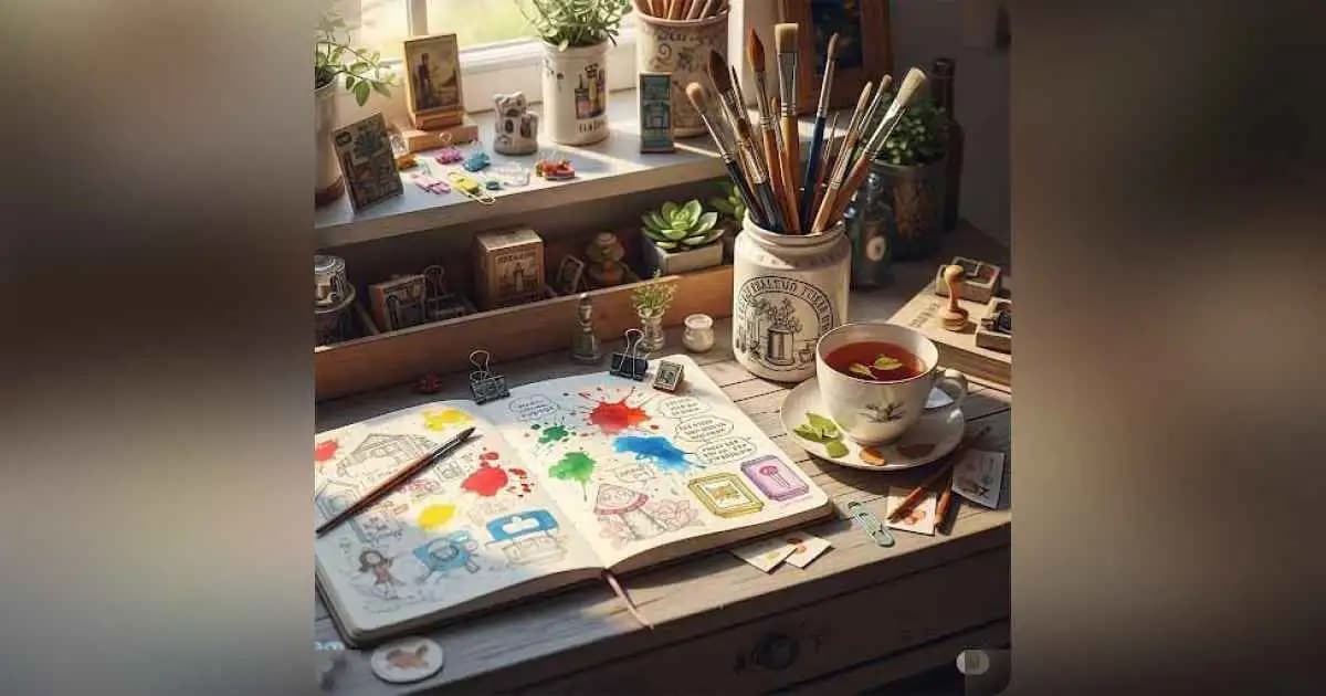 Creative workspace with writing tools, art supplies, and passion project notes.