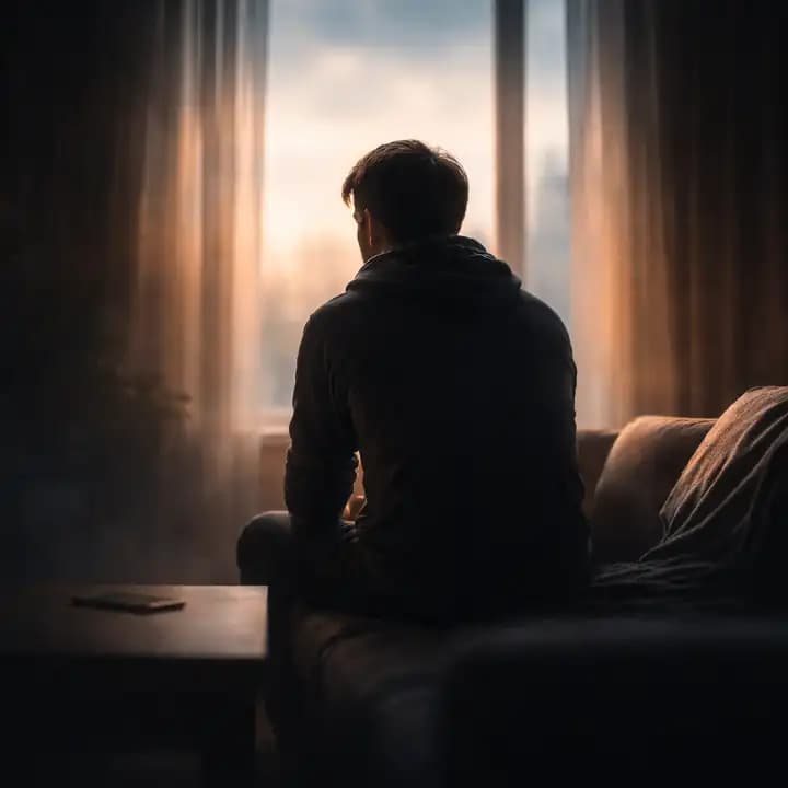 Person sitting quietly without a phone, reflecting during a digital detox experience