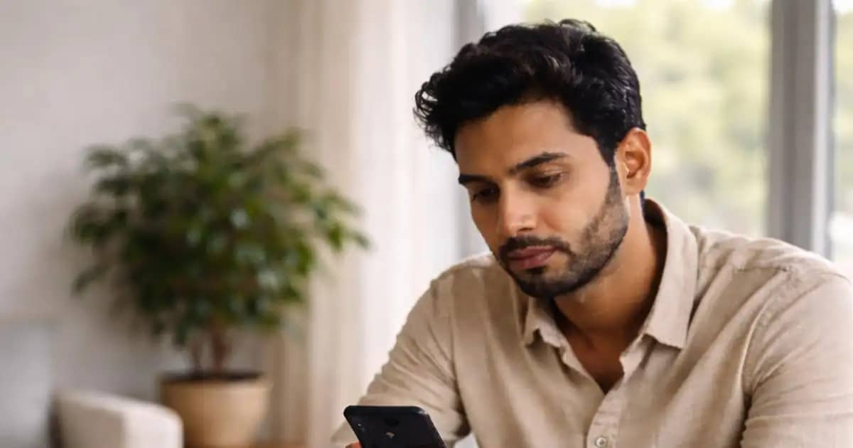 नागरिक मोबाइल पर आधार सुरक्षा सेटिंग जांचता हुआ