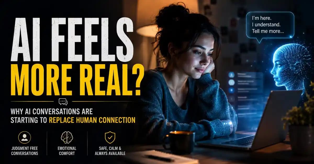An emotionally exhausted adult sitting alone at night talking to an AI chatbot on a glowing laptop while looking calm but emotionally distant