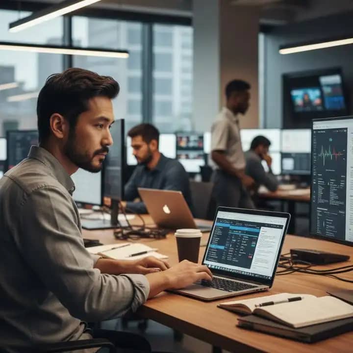 एआई टूल के साथ काम करता पत्रकार न्यूज़रूम में