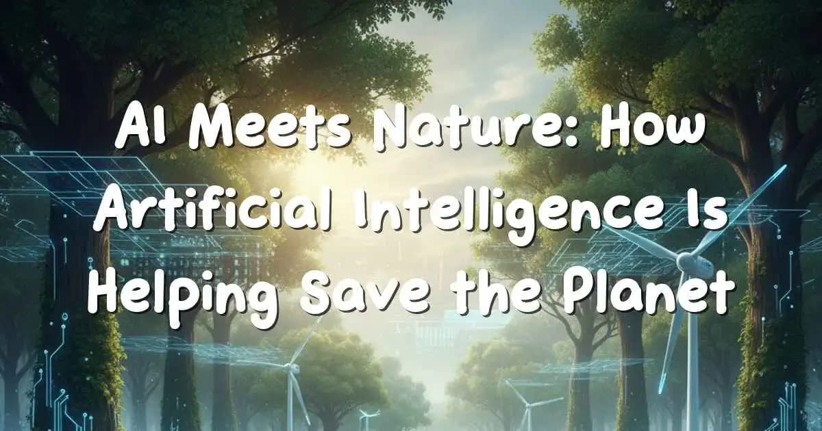 AI blending with nature, green forest and digital circuits symbolizing sustainability