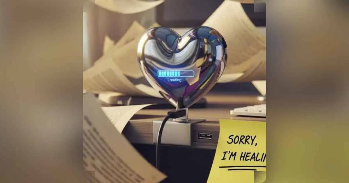 ChatGPT looking exhausted with torn romance manuscripts and therapy notes