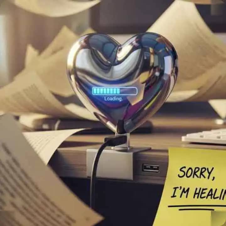 ChatGPT थका हुआ बैठा है, उसके सामने फटे हुए प्रेम उपन्यास और थेरेपी नोट्स हैं