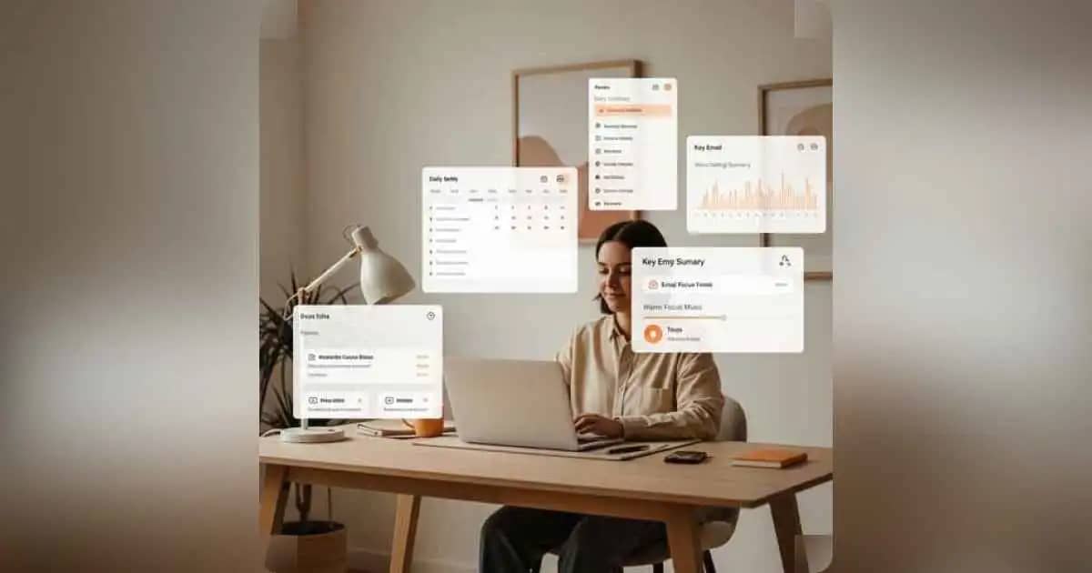 Remote worker smiling with AI interfaces (calendar, email, music app) floating around laptop.
