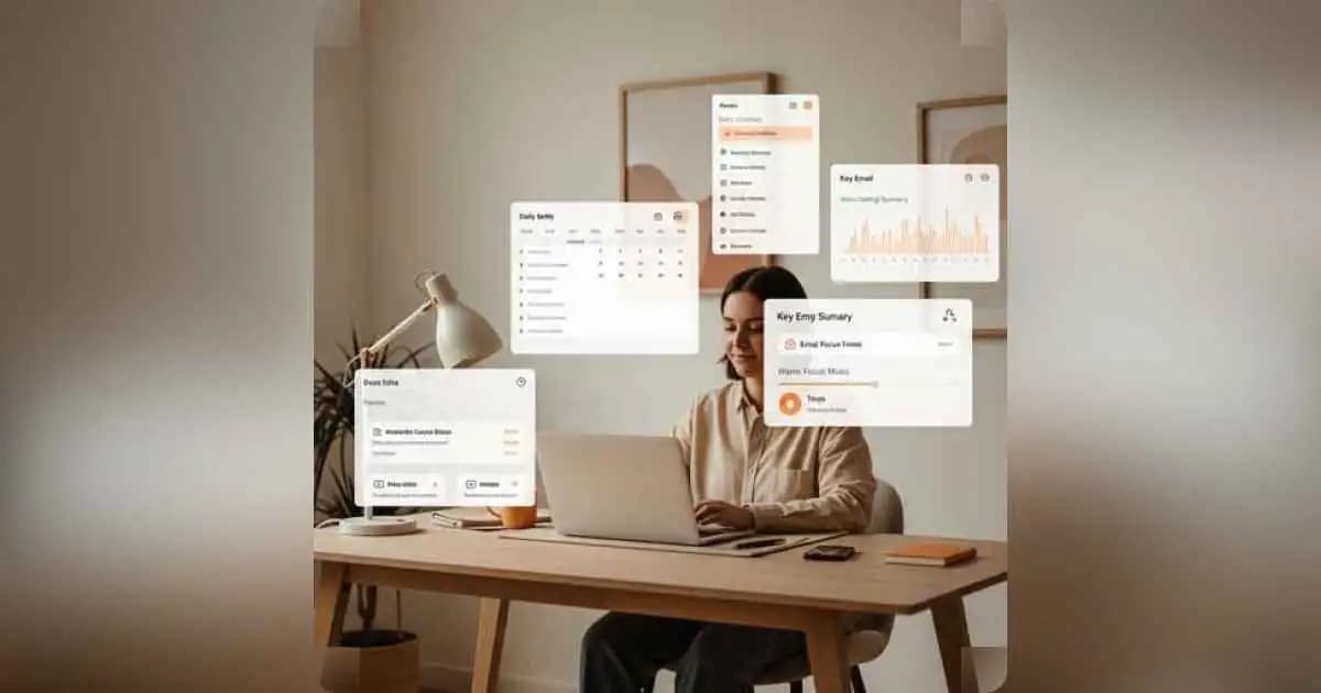 Remote worker smiling with AI interfaces (calendar, email, music app) floating around laptop.