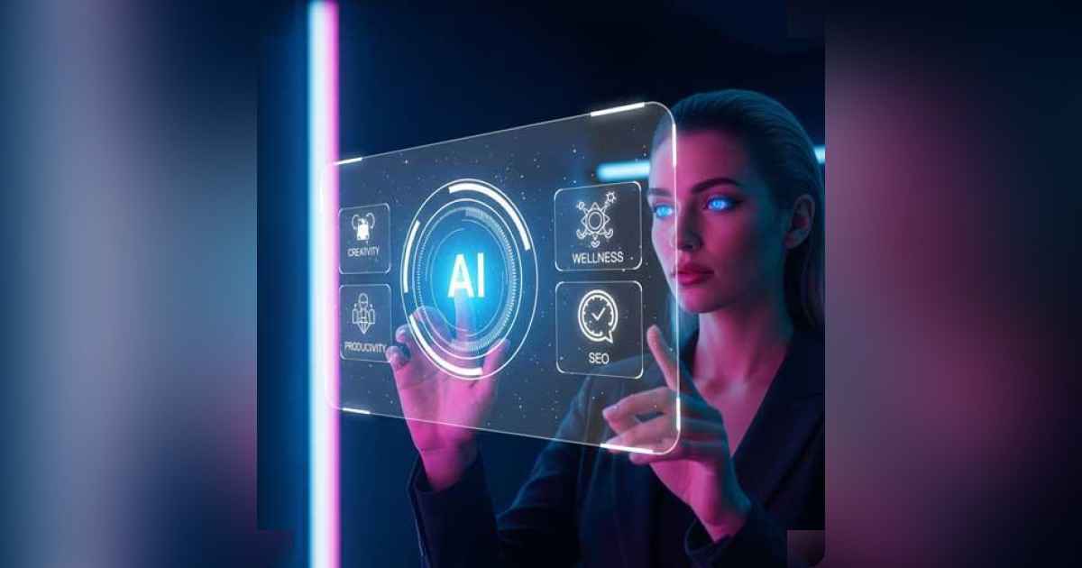 Person interacting with AI assistant on a futuristic digital interface