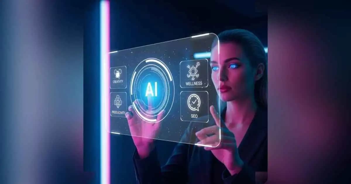 Person interacting with AI assistant on a futuristic digital interface