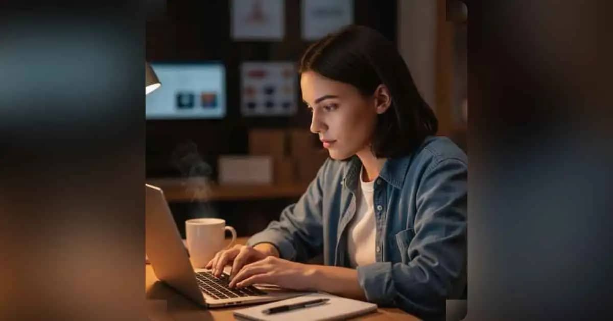 Person working late on laptop, planning side hustle
