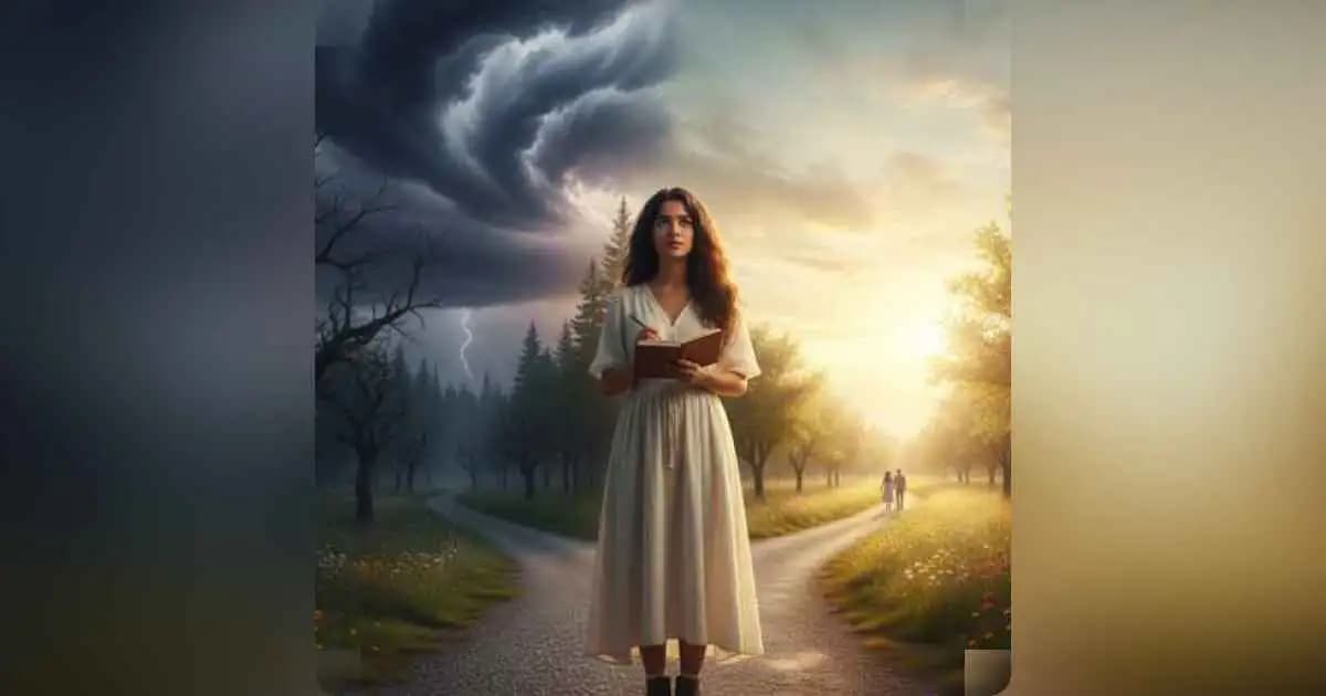 A woman standing at a crossroads symbolizing breaking free from toxic relationship cycles