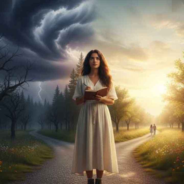 امرأة تقف عند مفترق طرق يرمز إلى التحرر من العلاقات السامة