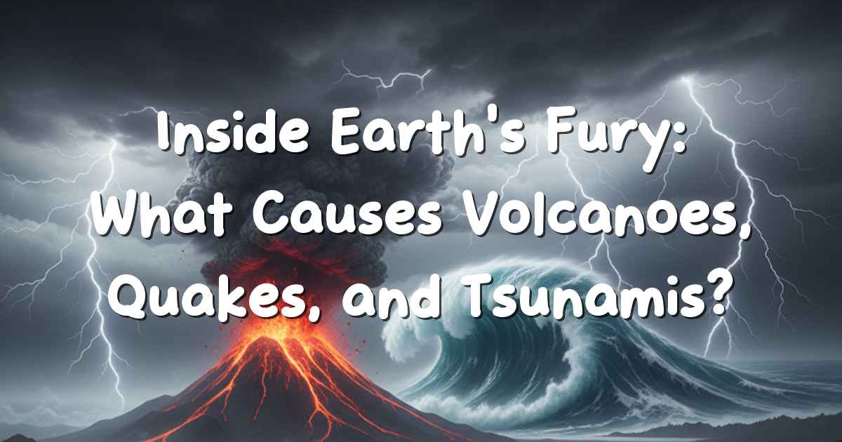 Erupting volcano with tsunami waves and lightning in storm clouds