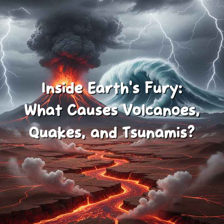 Volcan en éruption et vagues de tsunami sous un ciel orageux