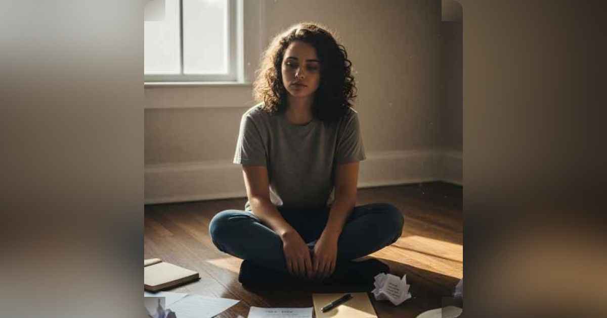 A person sitting alone on the floor in a quiet room, surrounded by to-do lists, with light falling on them from a window