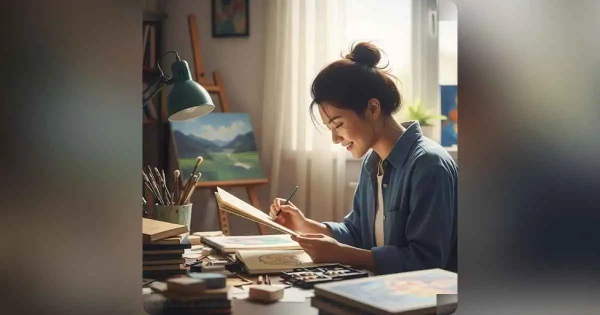 Person immersed in a creative project with focused expression, in a cozy workspace