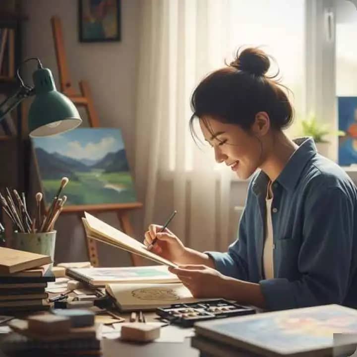 एक व्यक्ति अपने रचनात्मक प्रोजेक्ट में तल्लीन, आरामदायक कार्यक्षेत्र में